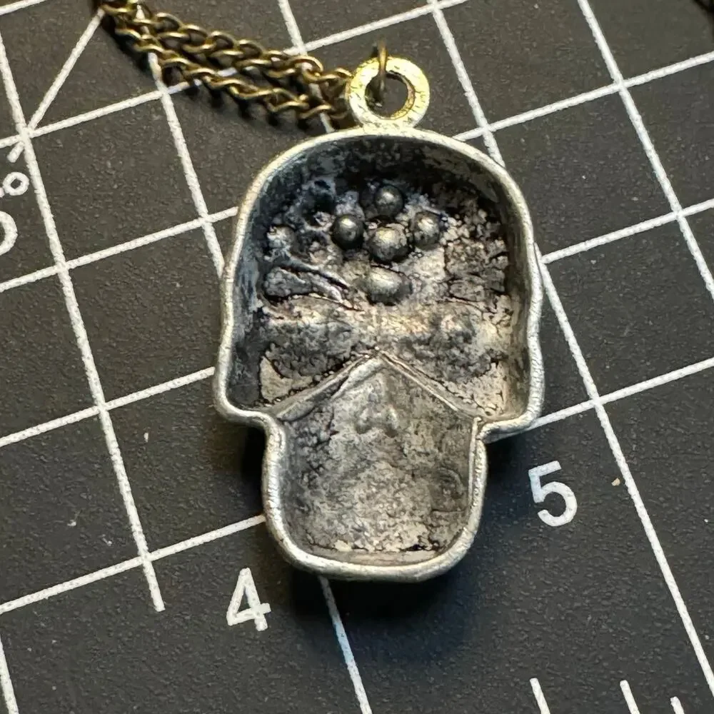 Silver Tone Skull Pendant Necklace Rhinestone Accent Gold Chain Goth Emo Punk